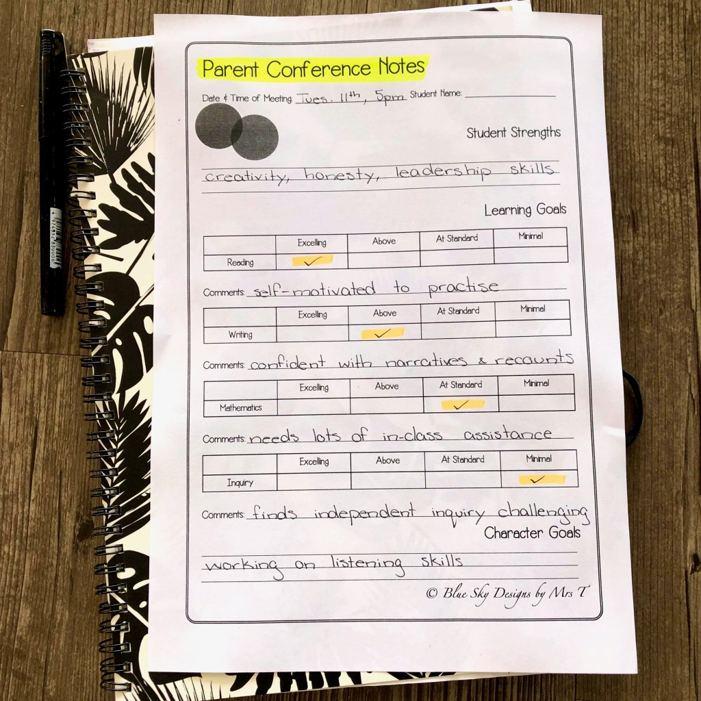 Parent Teacher Conference Notes Form