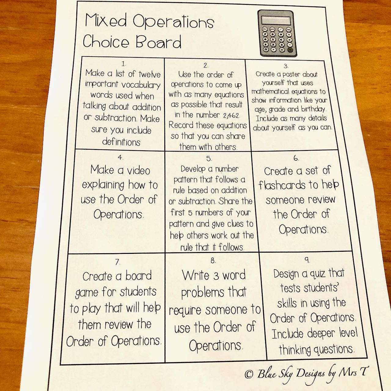 Maths Choice Board Assessment
